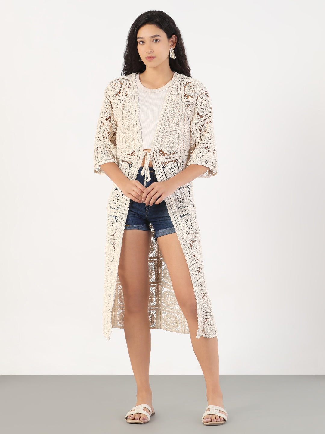 Women's Cream Self Design Longline Crochet Shrug