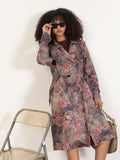 Women's Floral Grey Lapel Collar Longline Trench Coat with Fabric Belt