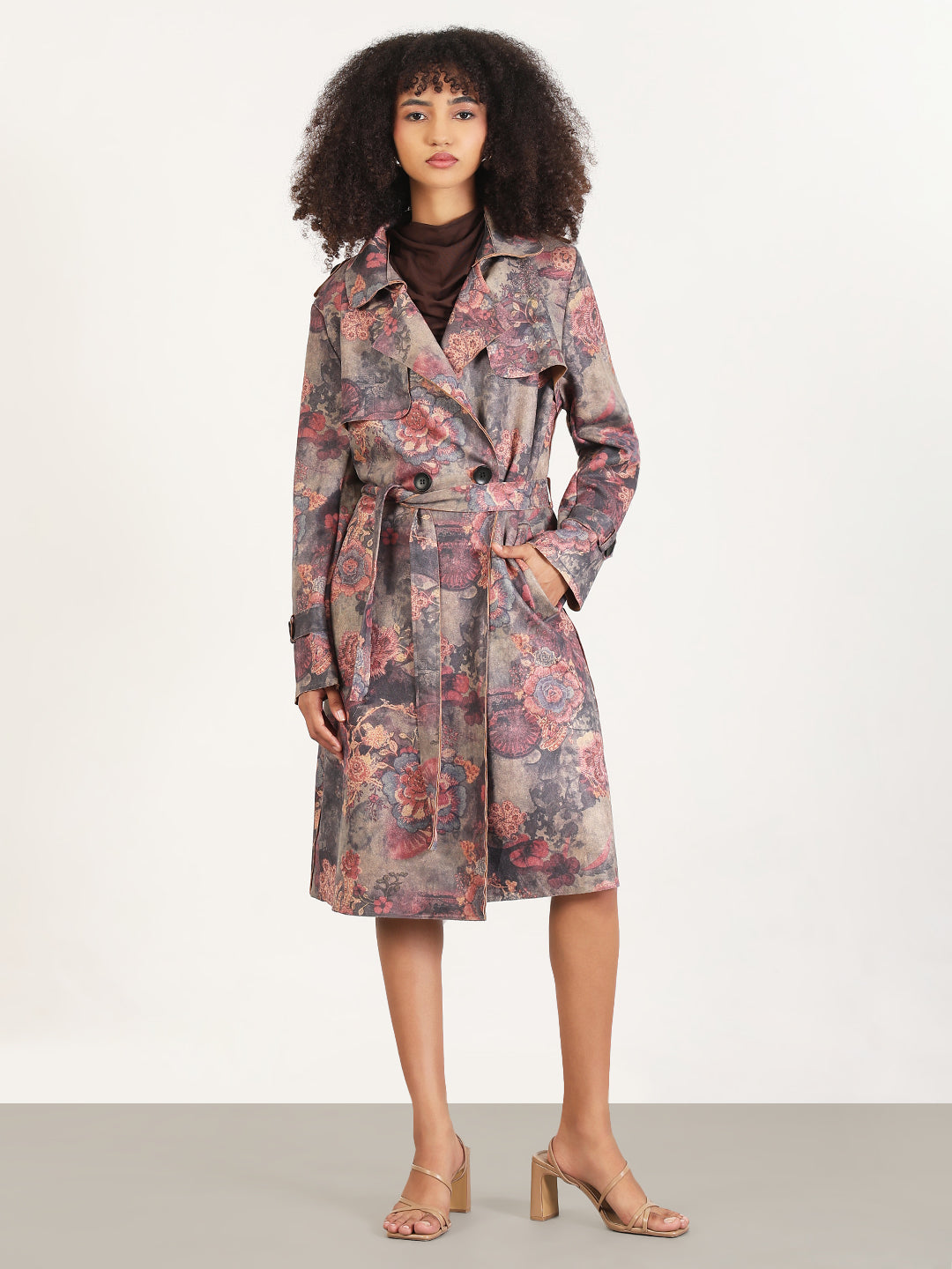 Women's Floral Grey Lapel Collar Longline Trench Coat with Fabric Belt