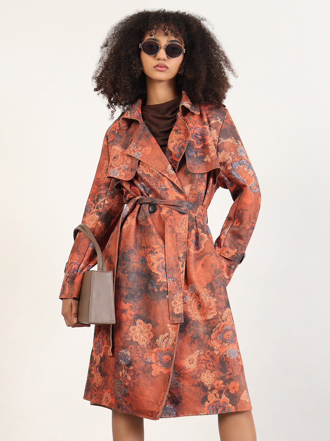 Women's Floral Rust Lapel Collar Longline Trench Coat with Fabric Belt