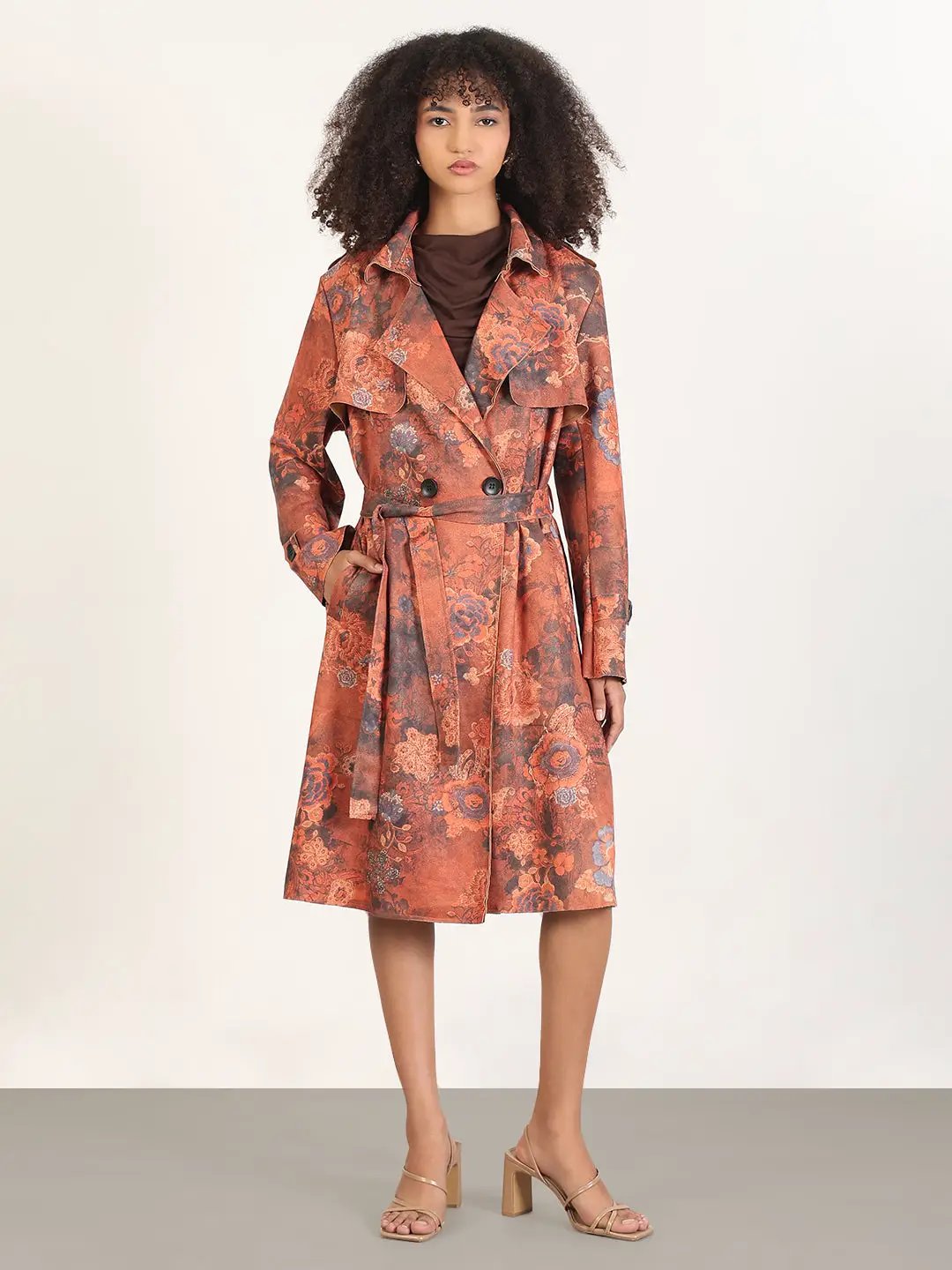 Women's Floral Rust Lapel Collar Longline Trench Coat with Fabric Belt