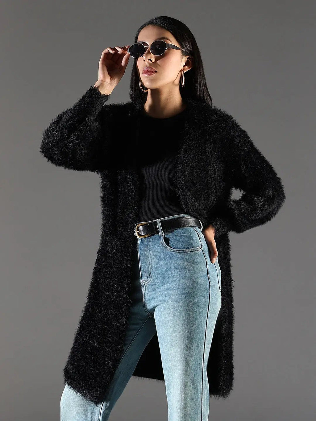 Women's Fuzzy Black Open Front Long Shrug