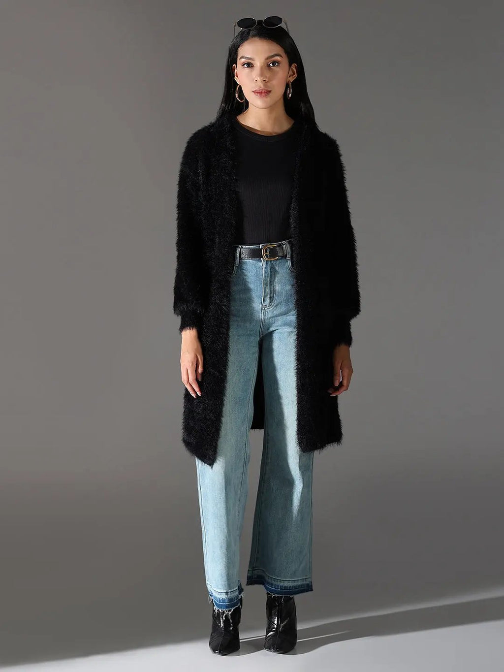 Women's Fuzzy Black Open Front Long Shrug