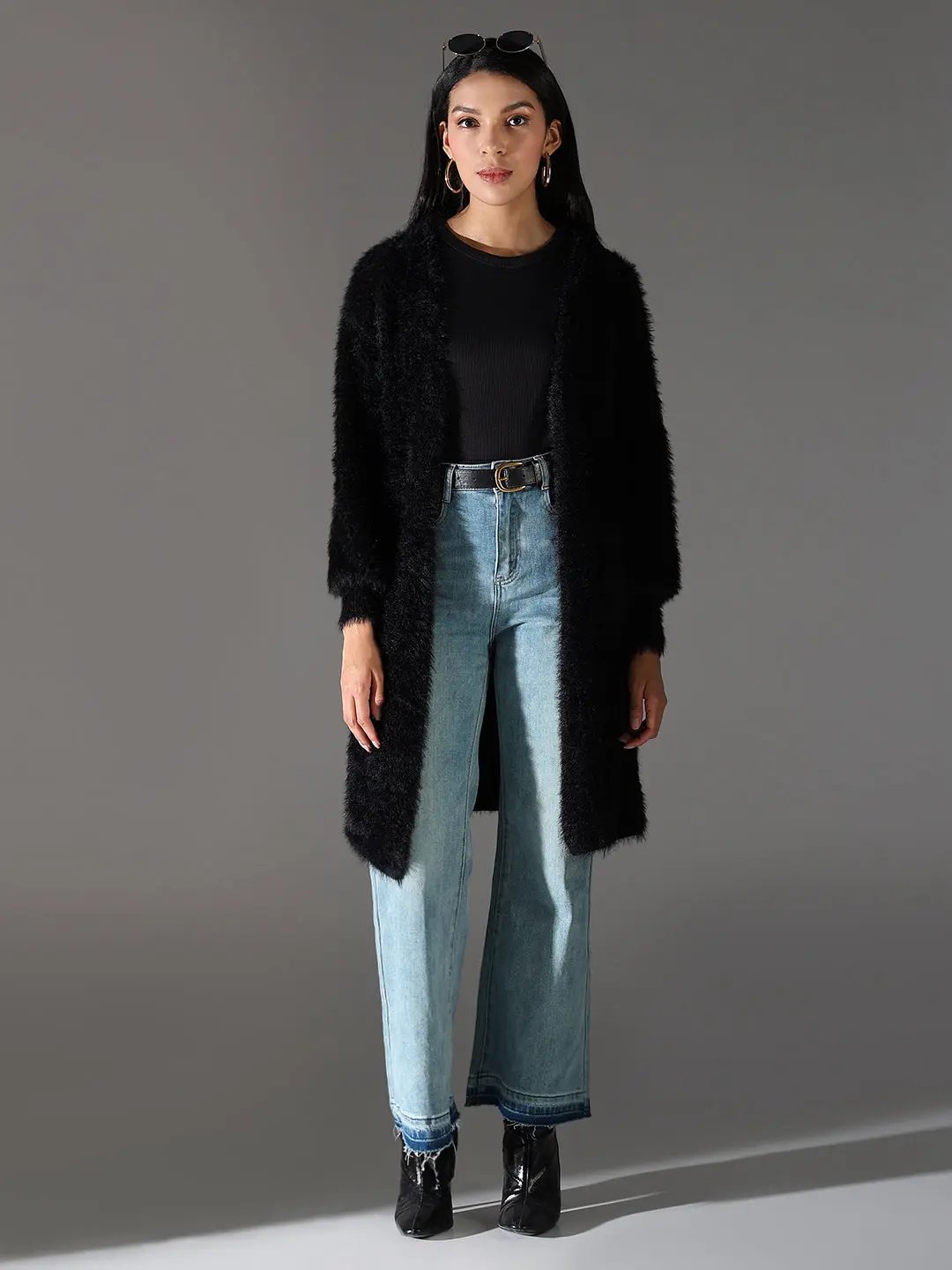 Women's Fuzzy Black Open Front Long Shrug