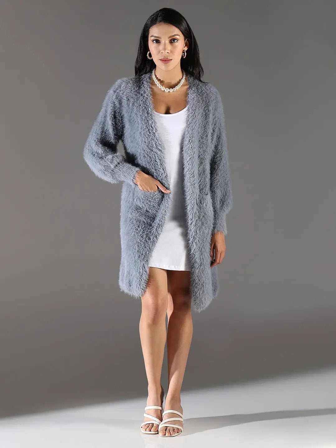 Women's Grey Solid Longline Shrug