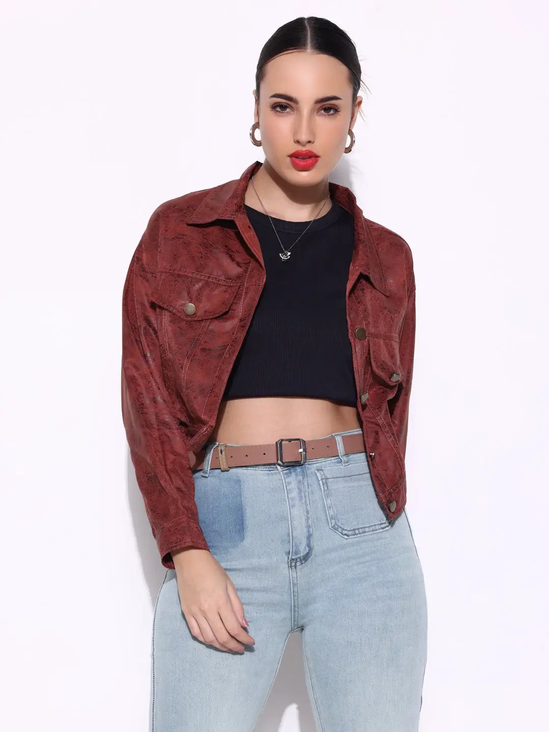 Women's Textured Brown Short Leather Jacket