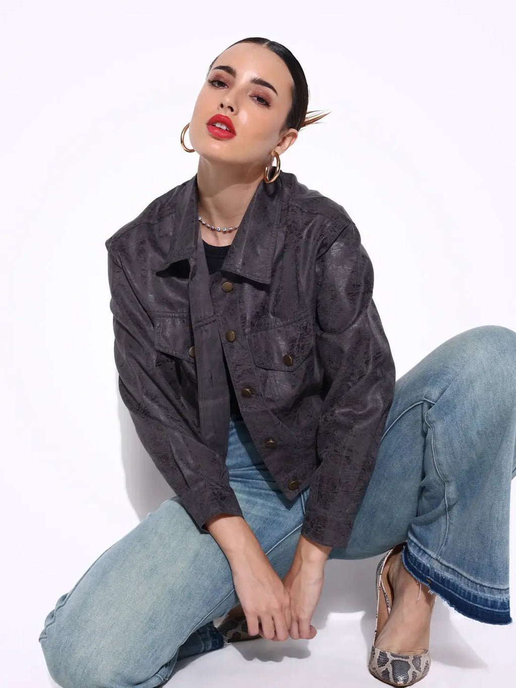 Women's Textured Grey Short Leather Jacket