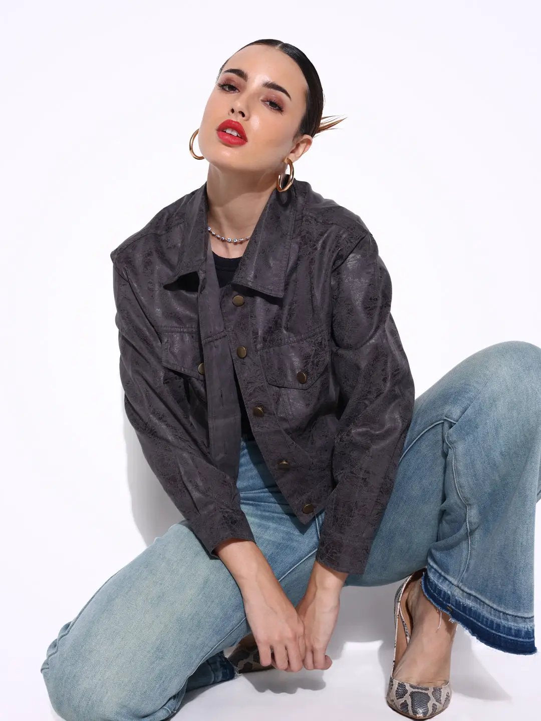 Women's Textured Grey Short Leather Jacket