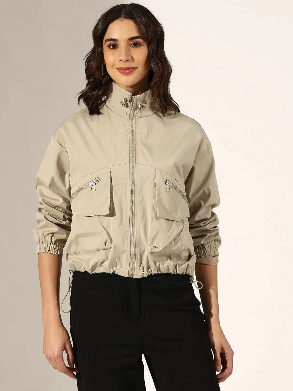 Women's Beige Bomber Jacket with Utility Pockets