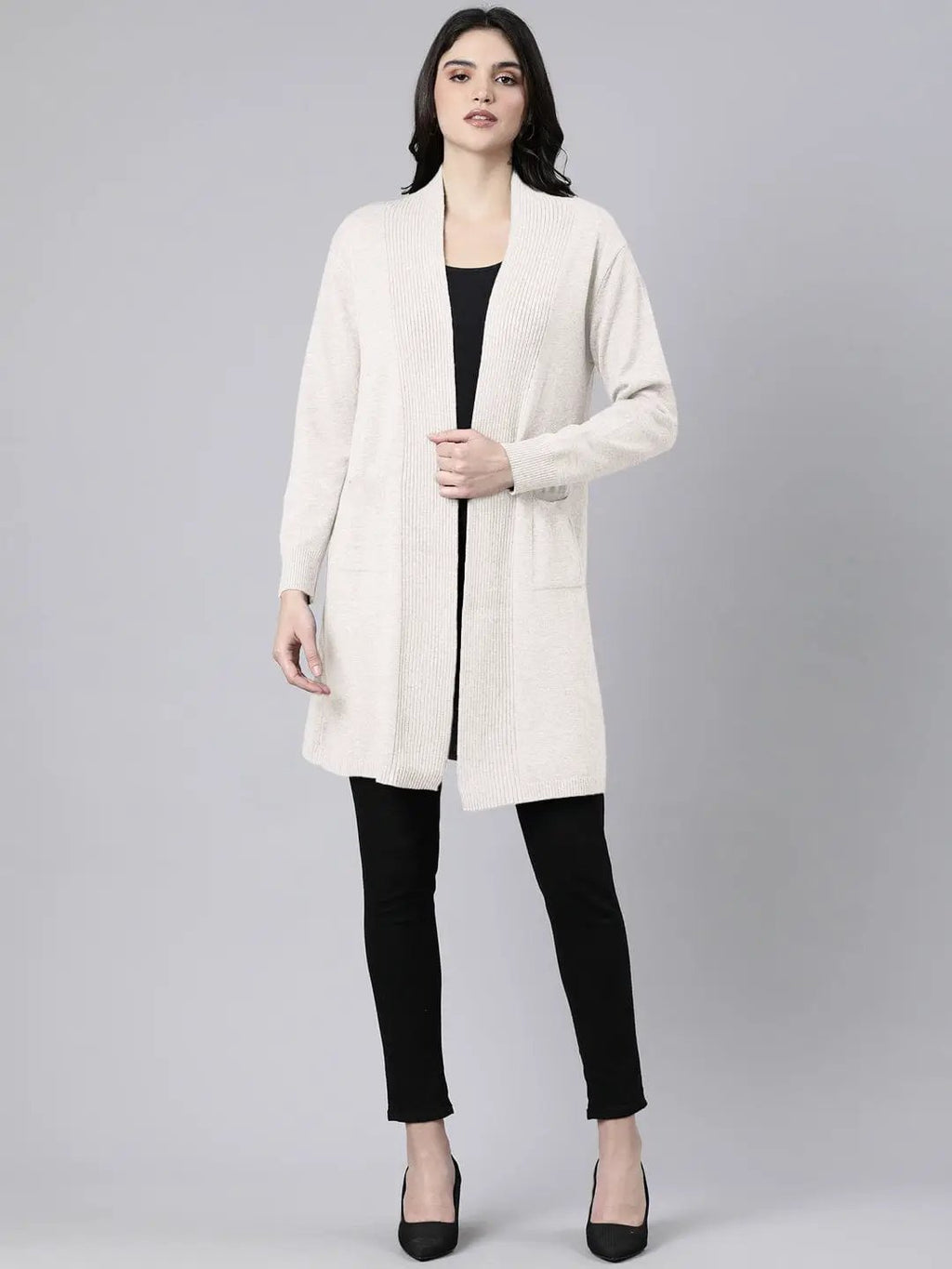 Women's Ribbed Cream Long Shrug with Patch Pockets