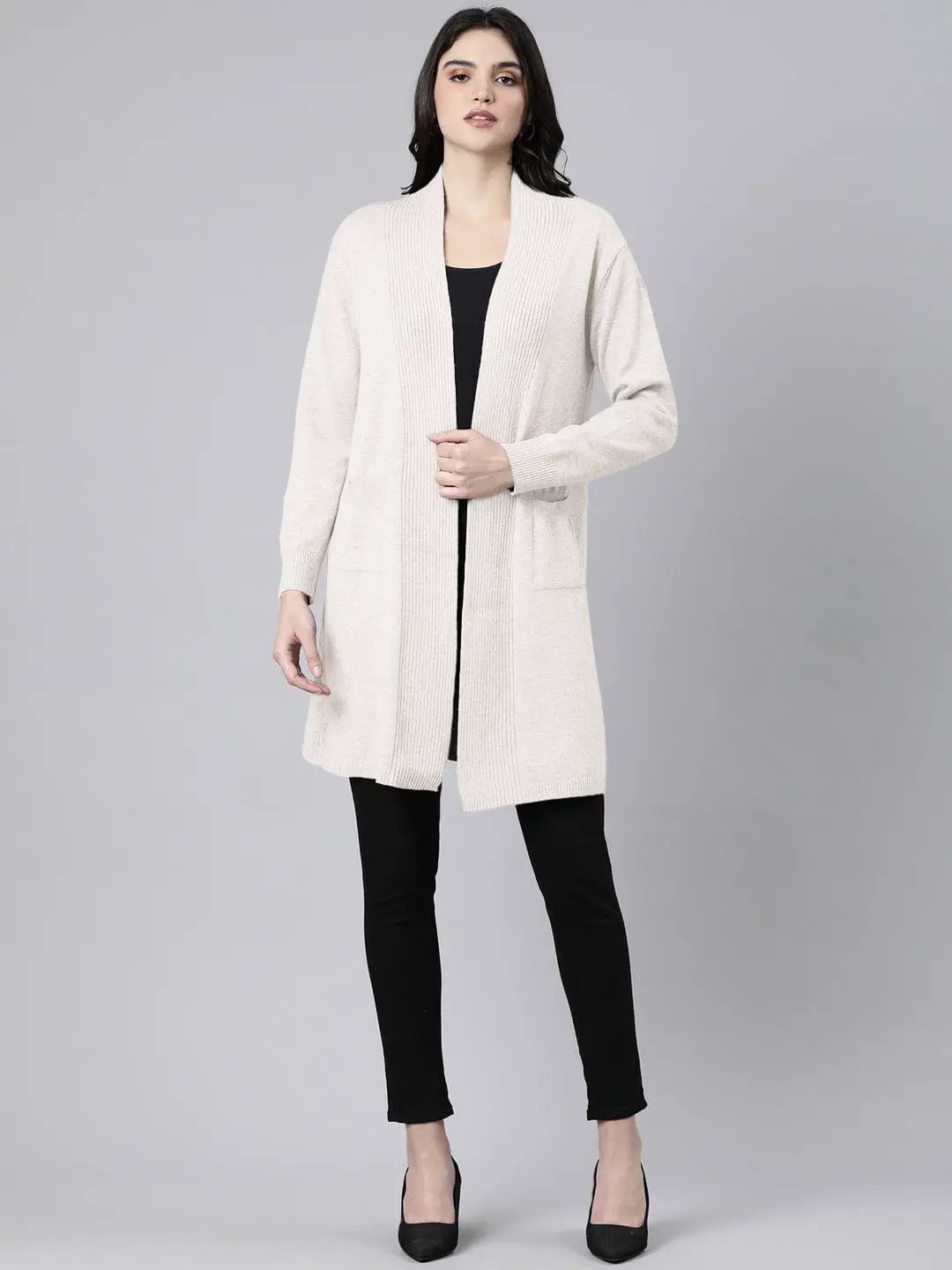 Women's Ribbed Cream Long Shrug with Patch Pockets