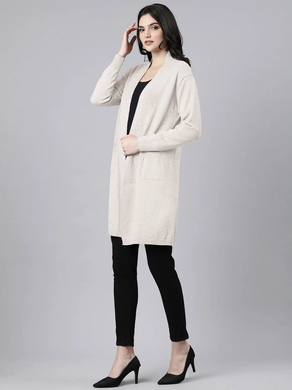 Women's Ribbed Cream Long Shrug with Patch Pockets
