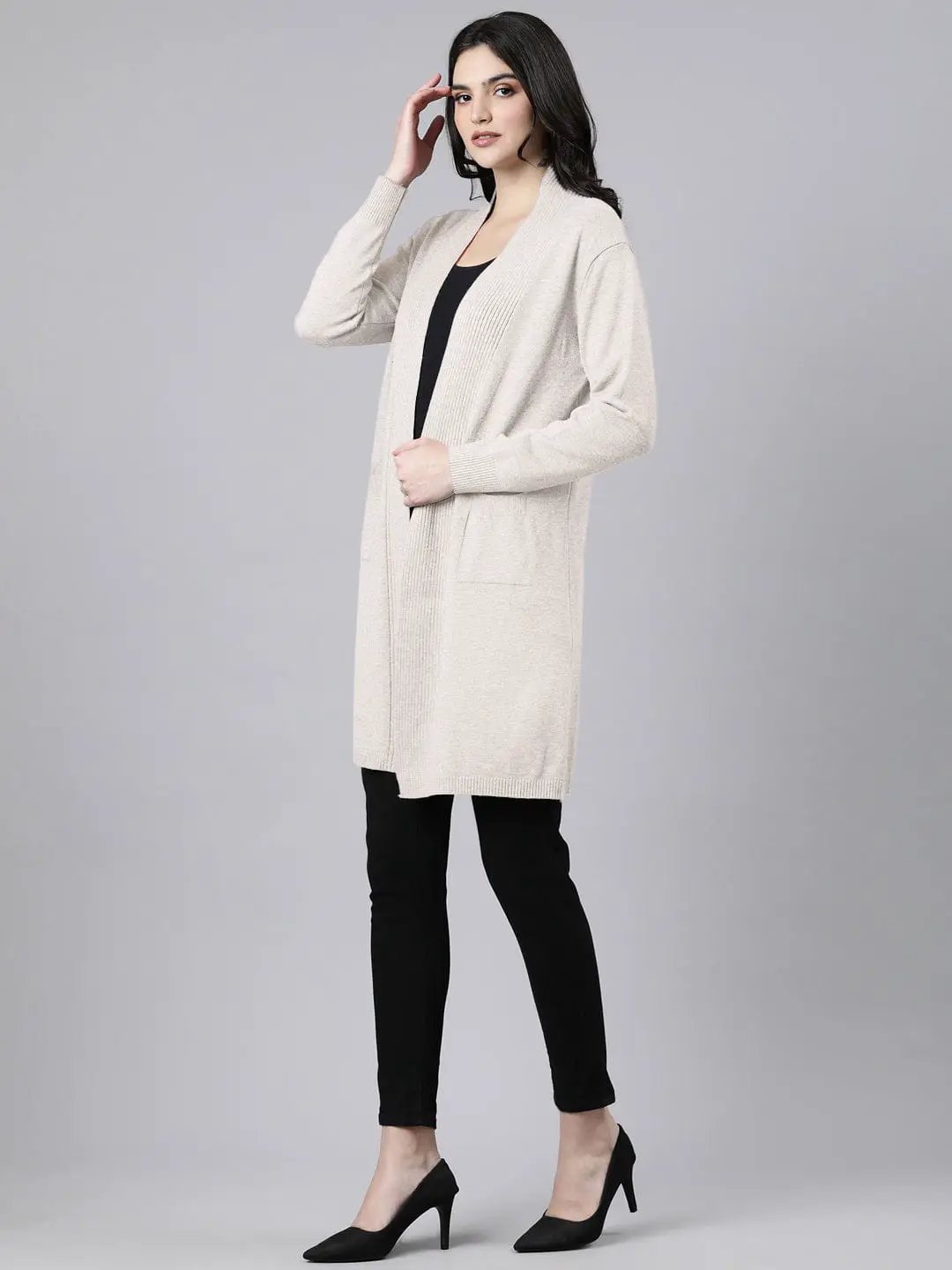 Women's Ribbed Cream Long Shrug with Patch Pockets