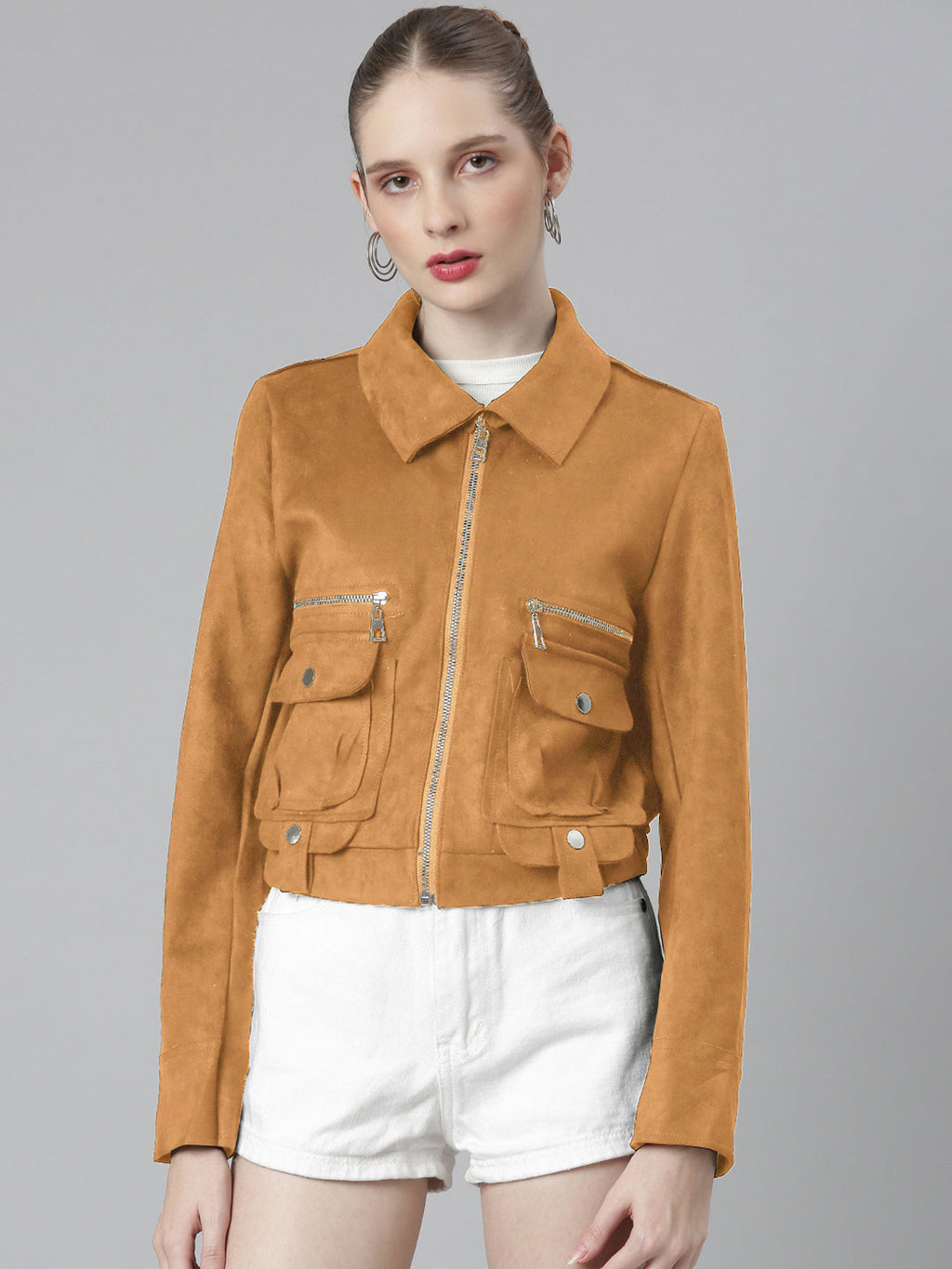 Women's Spread Collar Rust Solid Tailored Jacket