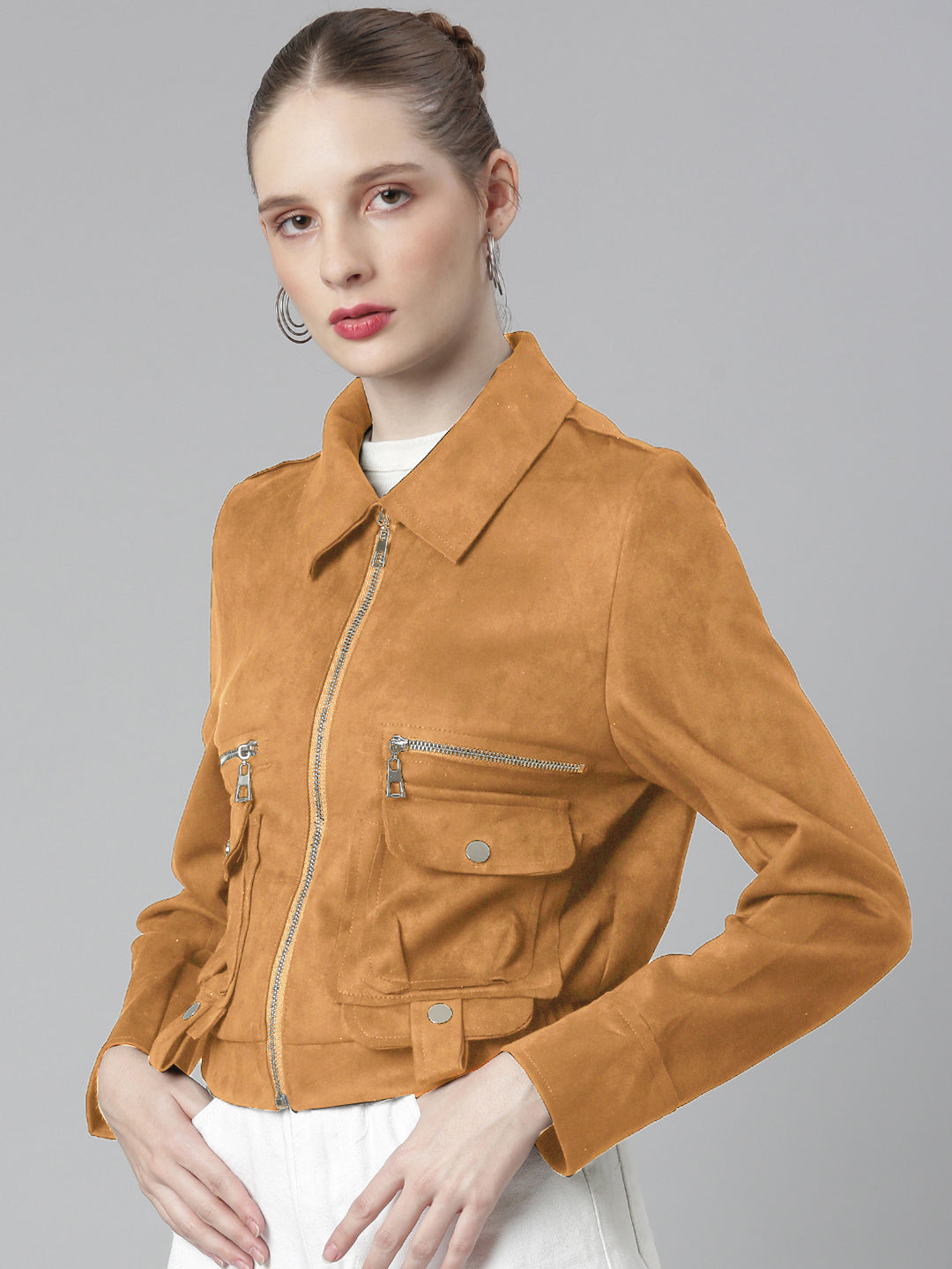 Women's Spread Collar Rust Solid Tailored Jacket