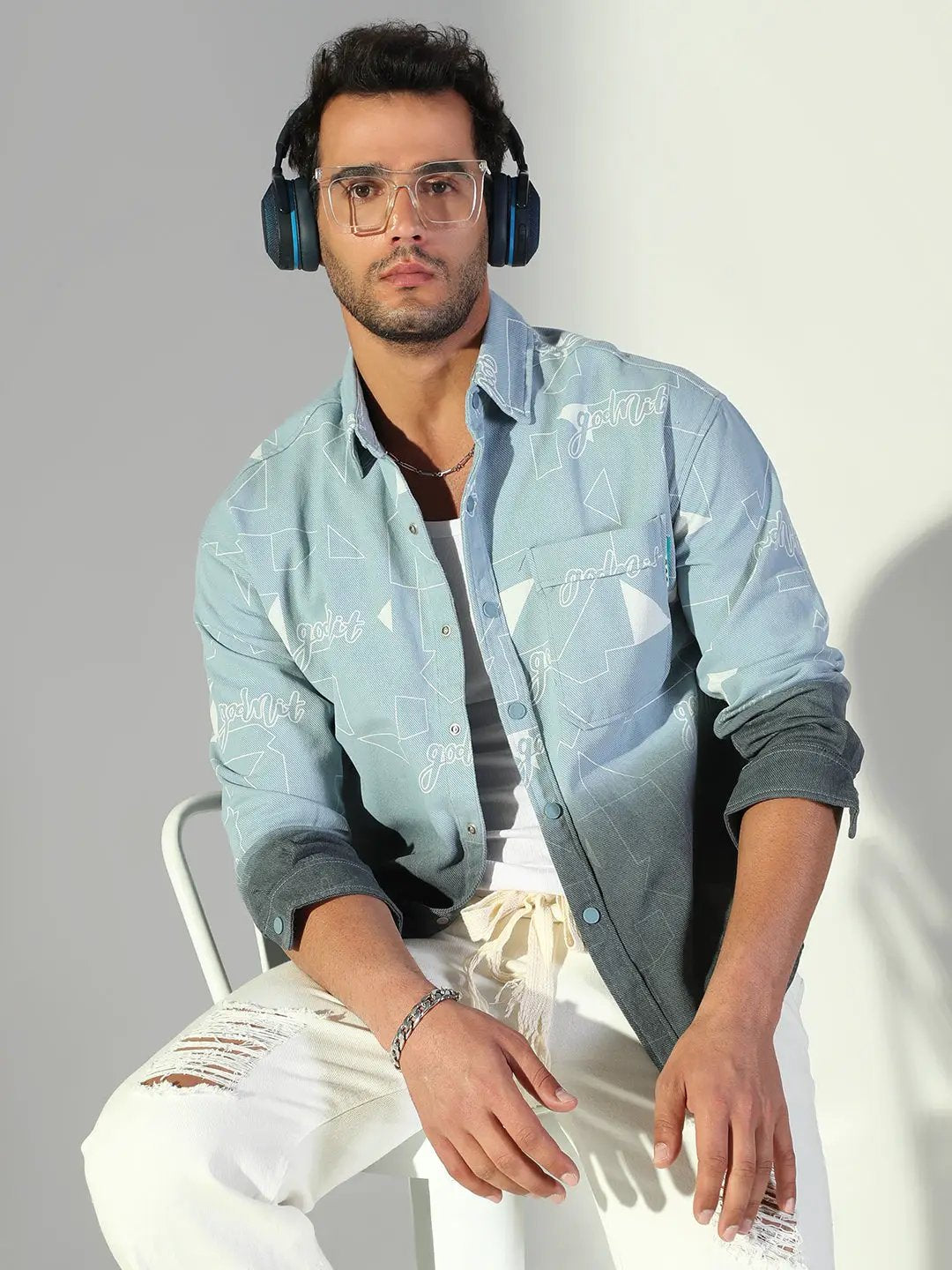 Men's Geometric Printed Blue Shacket