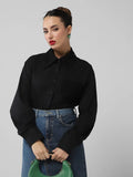 Women's Black Comfort Oversized Fit Spread Collar Solid Cotton Casual Shirt