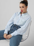 Women's Blue Comfort Oversized Fit Spread Collar Solid Cotton Casual Shirt