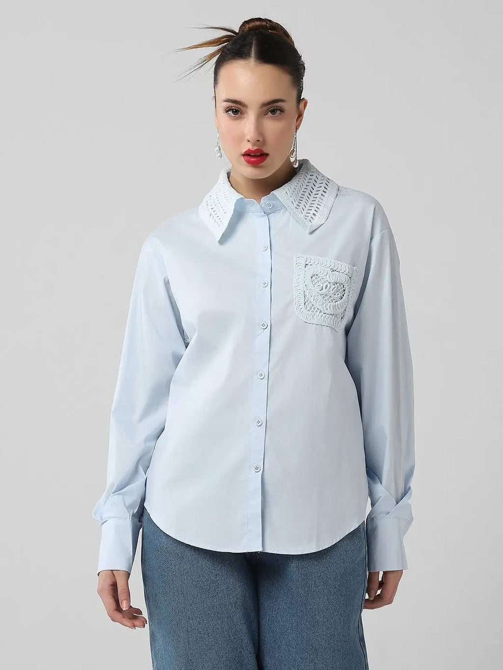 Women's Blue Comfort Oversized Fit Spread Collar Solid Cotton Casual Shirt