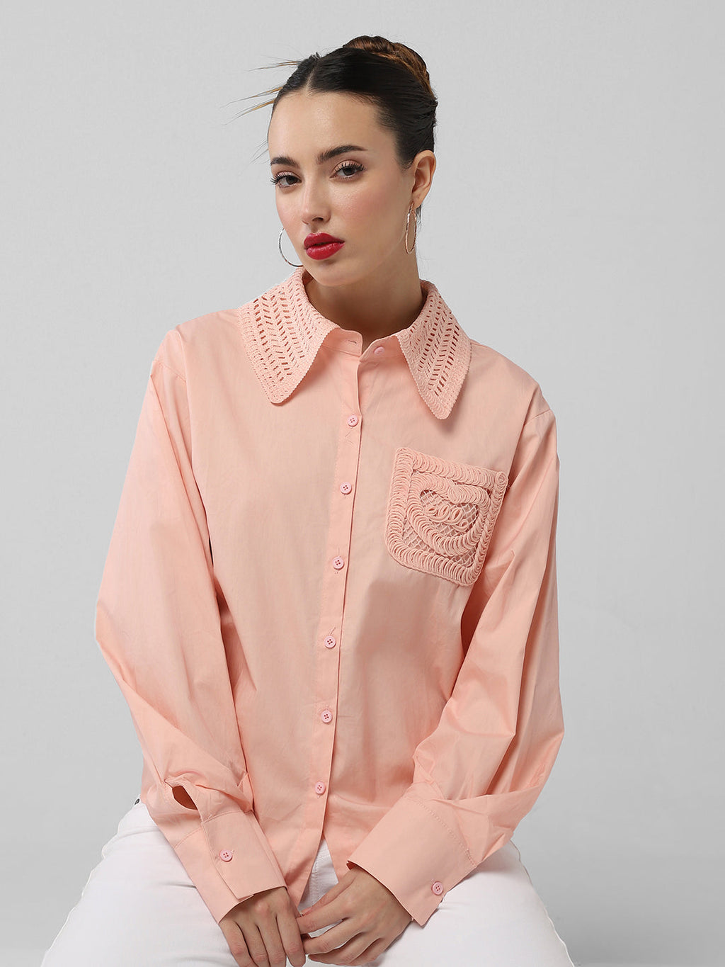 Women's Peach Comfort Oversized Fit Spread Collar Solid Cotton Casual Shirt