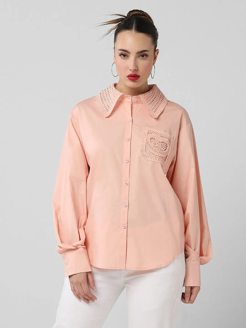 Women's Peach Comfort Oversized Fit Spread Collar Solid Cotton Casual Shirt