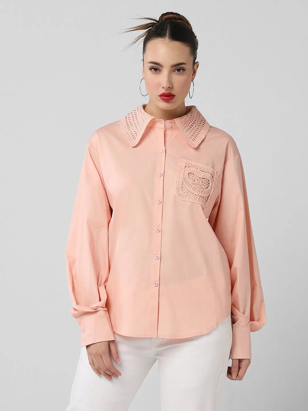 Women's Peach Comfort Oversized Fit Spread Collar Solid Cotton Casual Shirt