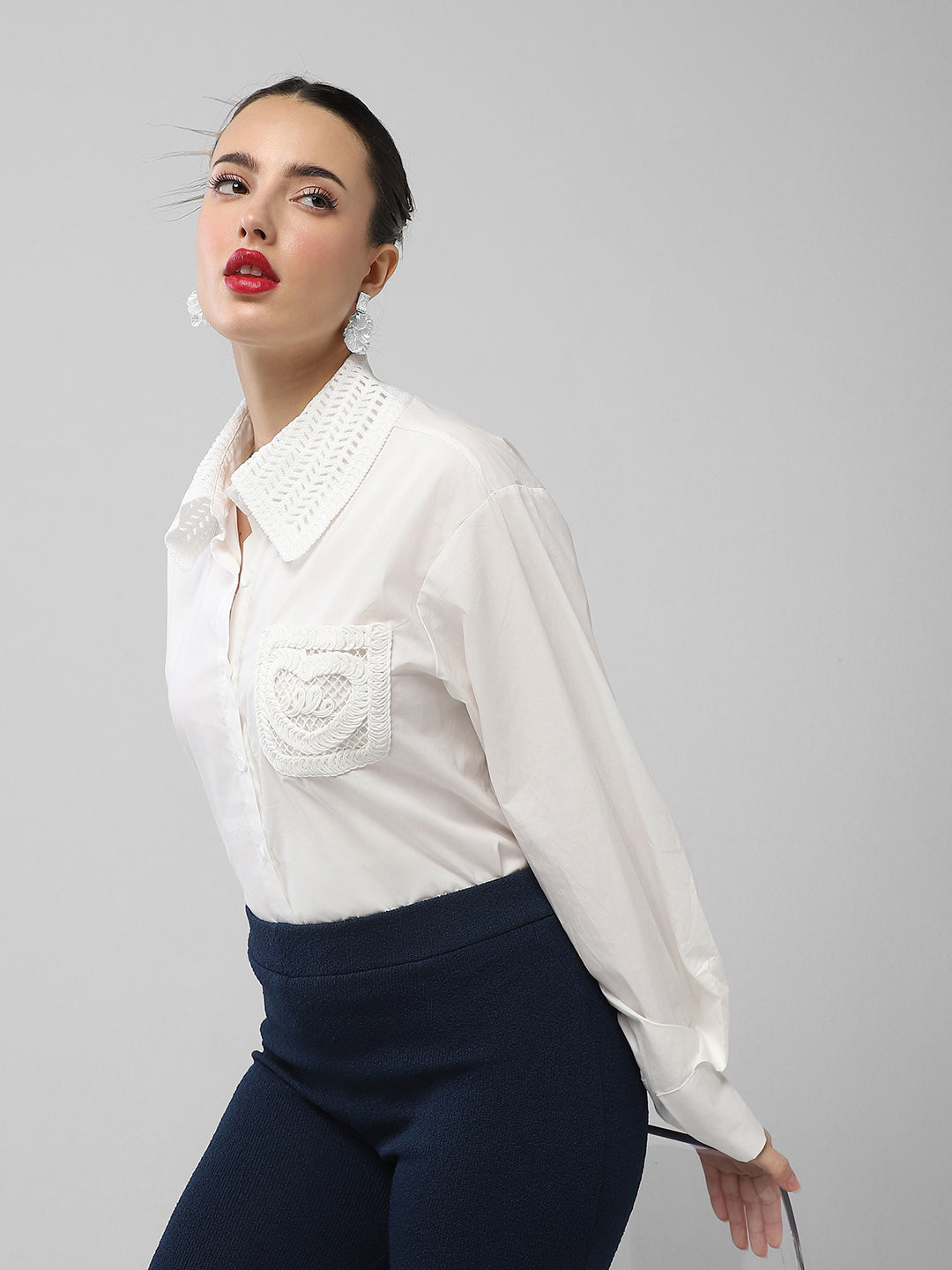 Women's White Comfort Oversized Fit Spread Collar Solid Cotton Casual Shirt