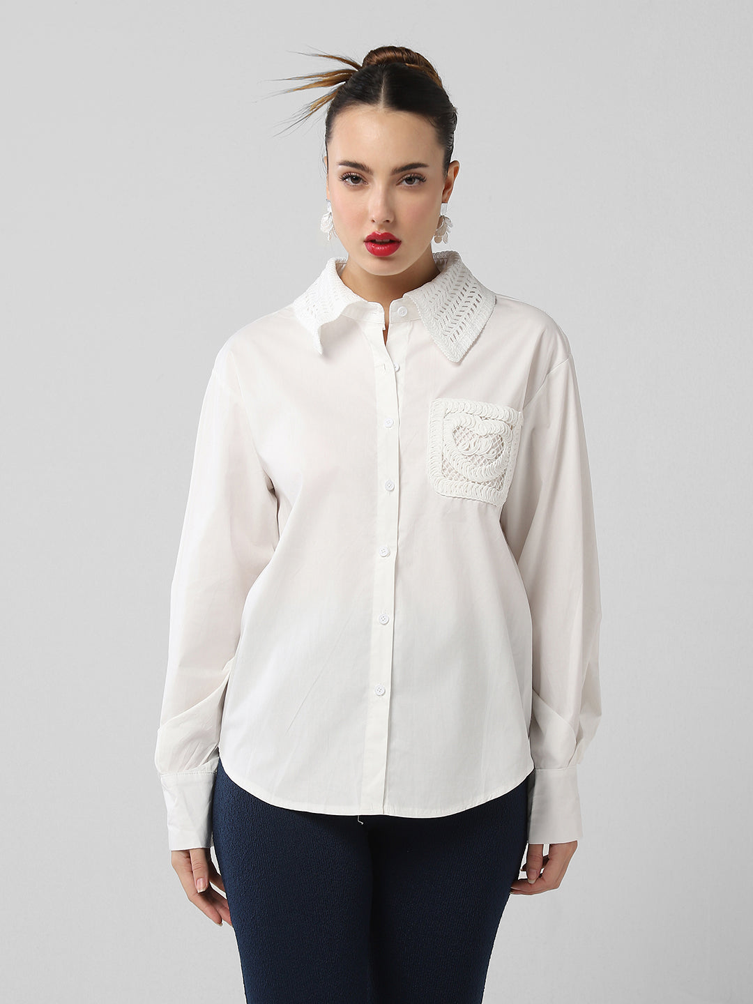 Women's White Comfort Oversized Fit Spread Collar Solid Cotton Casual Shirt