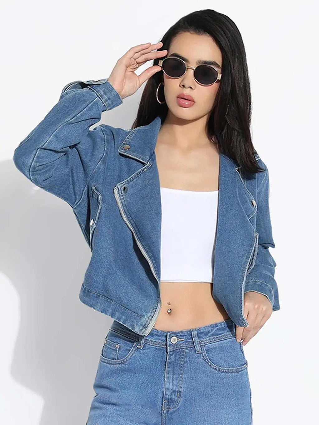Women's Solid Blue Spread Collar Denim Jacket
