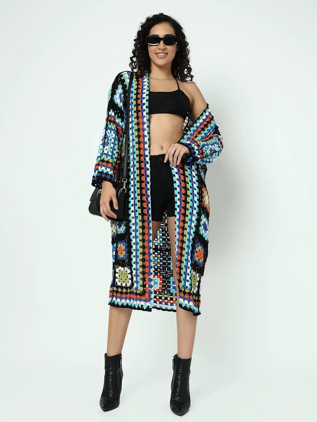 Women's Multicolour Crochet Longline Shrug