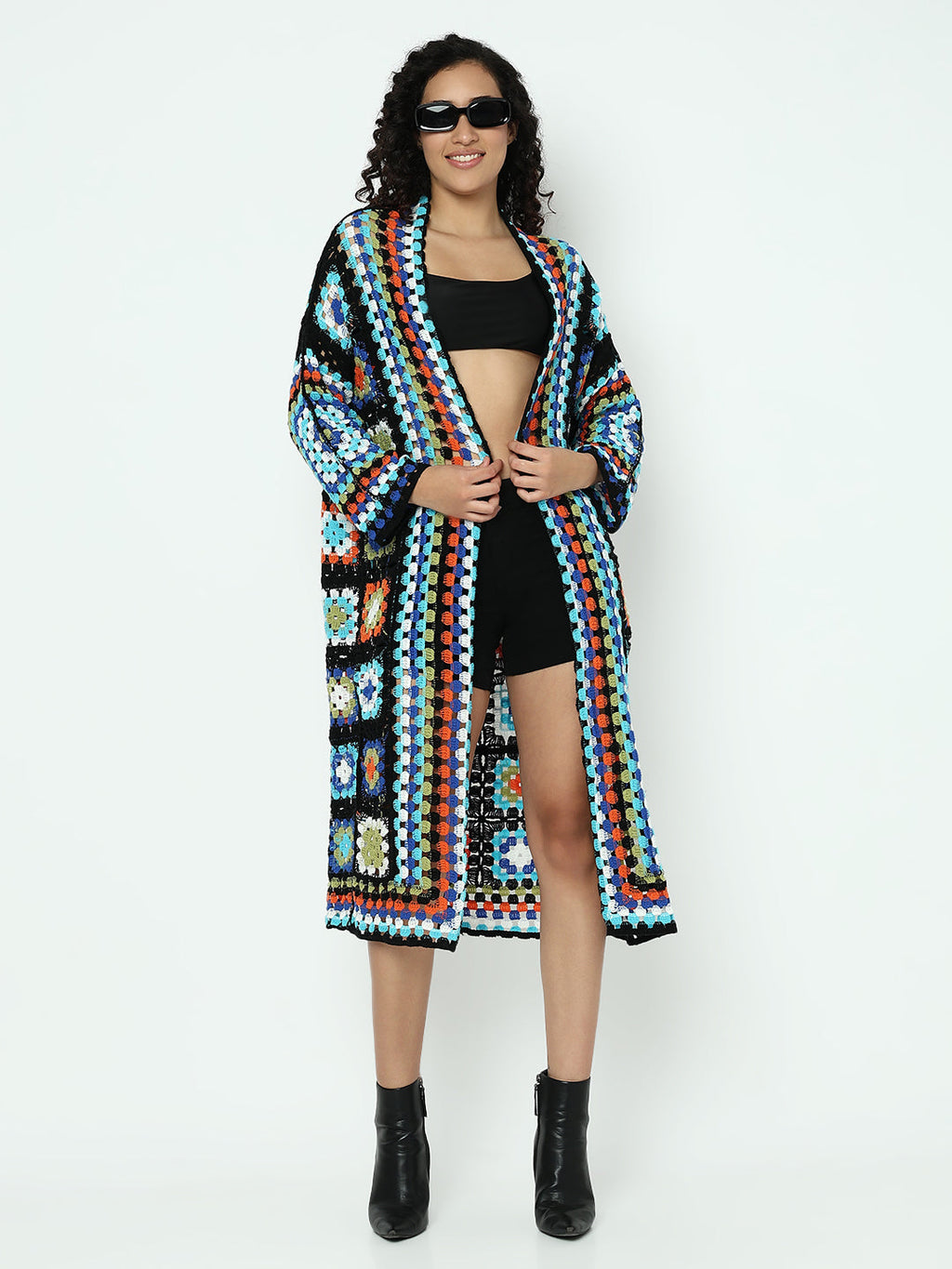 Women's Multicolour Crochet Longline Shrug