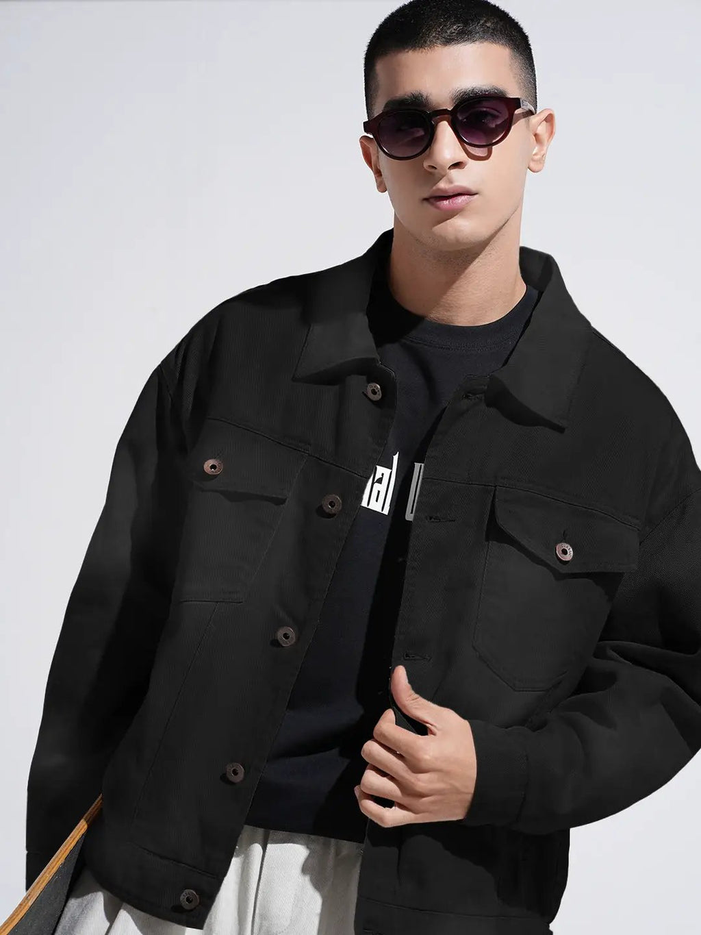 Men's Grey Washed Effect Denim Button Down Jacket