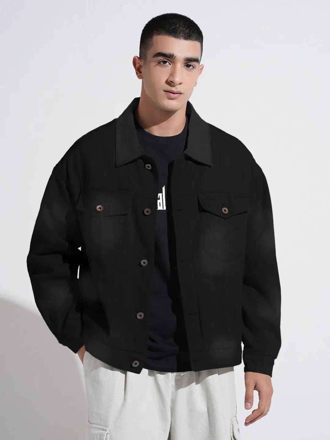 Men's Grey Washed Effect Denim Button Down Jacket
