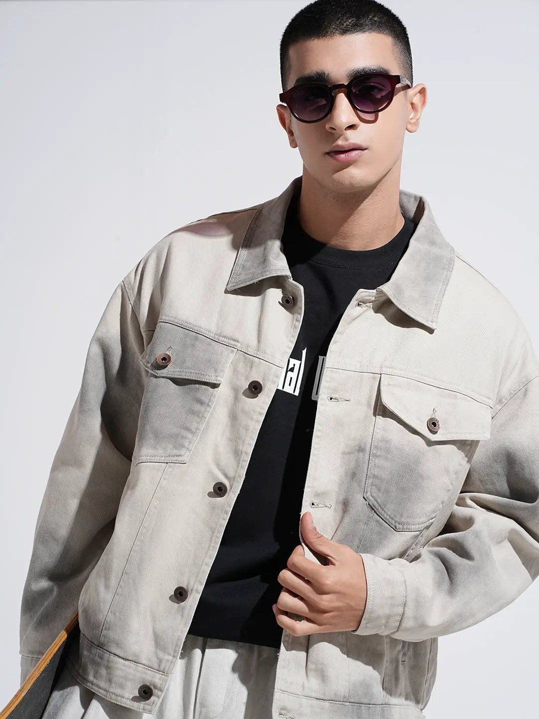 Men's Grey Washed Effect Denim Button Down Jacket