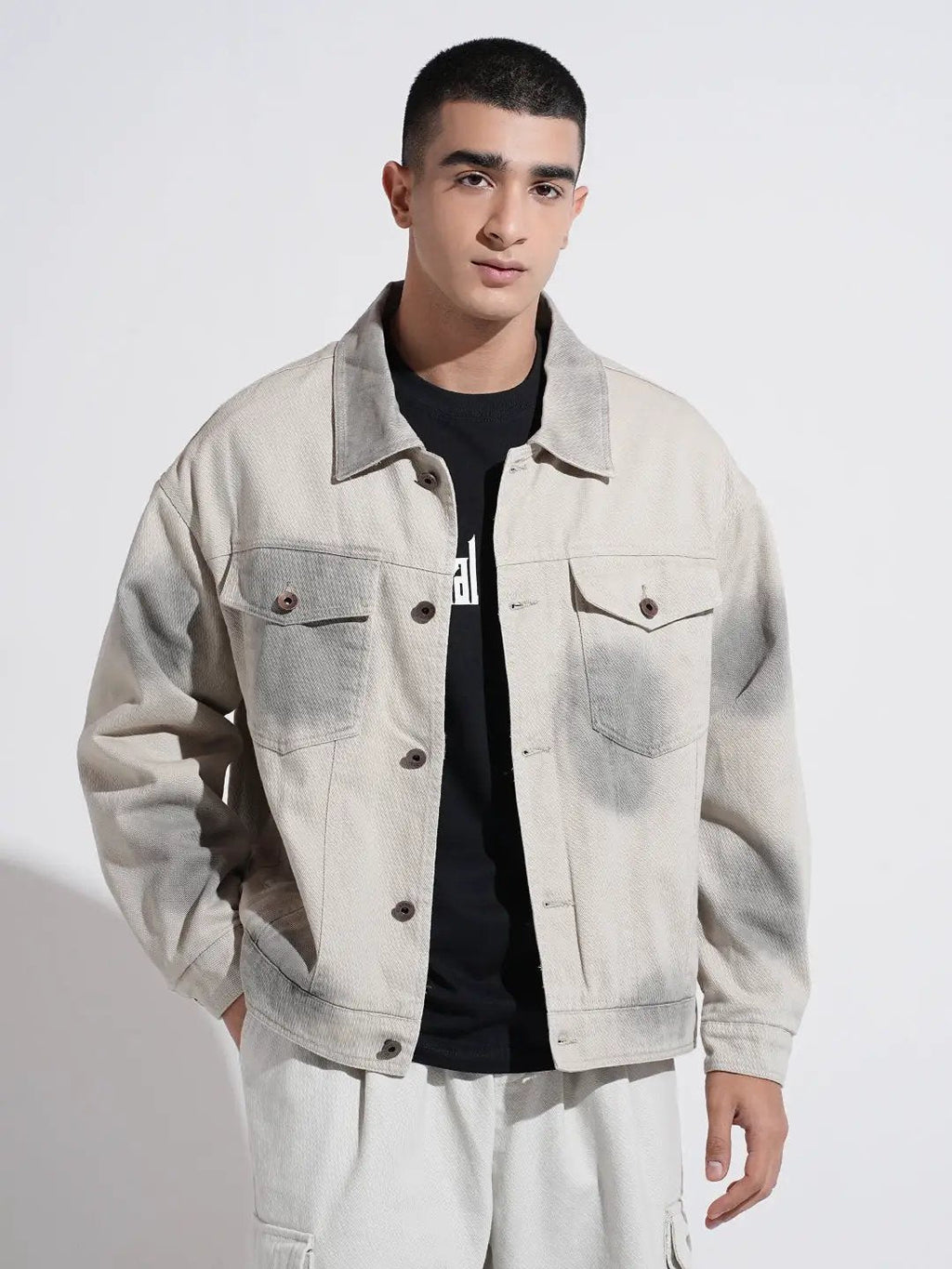 Men's Grey Washed Effect Denim Button Down Jacket