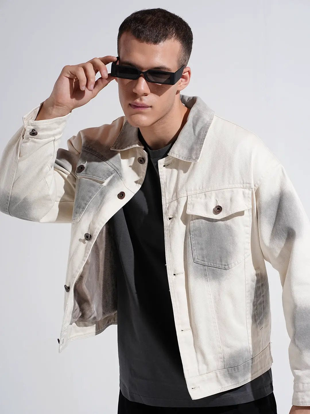 Men's Off White Washed Effect Denim Button Down Jacket