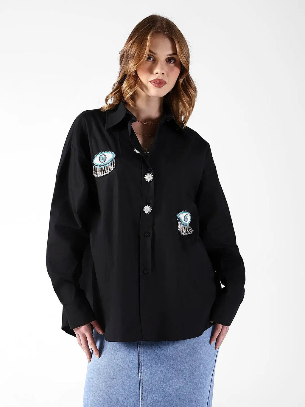 Women's Evil Eye Embellished Black Shirt