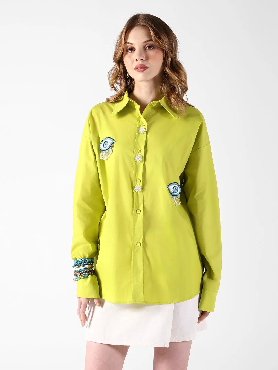 Women's Evil Eye Embellished Green Shirt