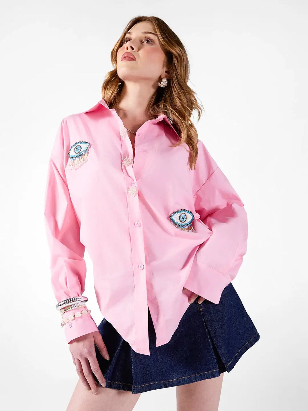 Women's Evil Eye Embellished Light Pink Shirt