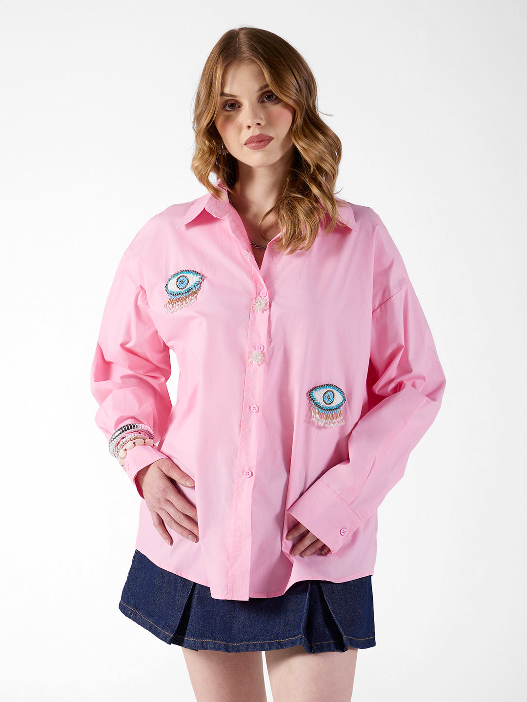 Women's Evil Eye Embellished Light Pink Shirt