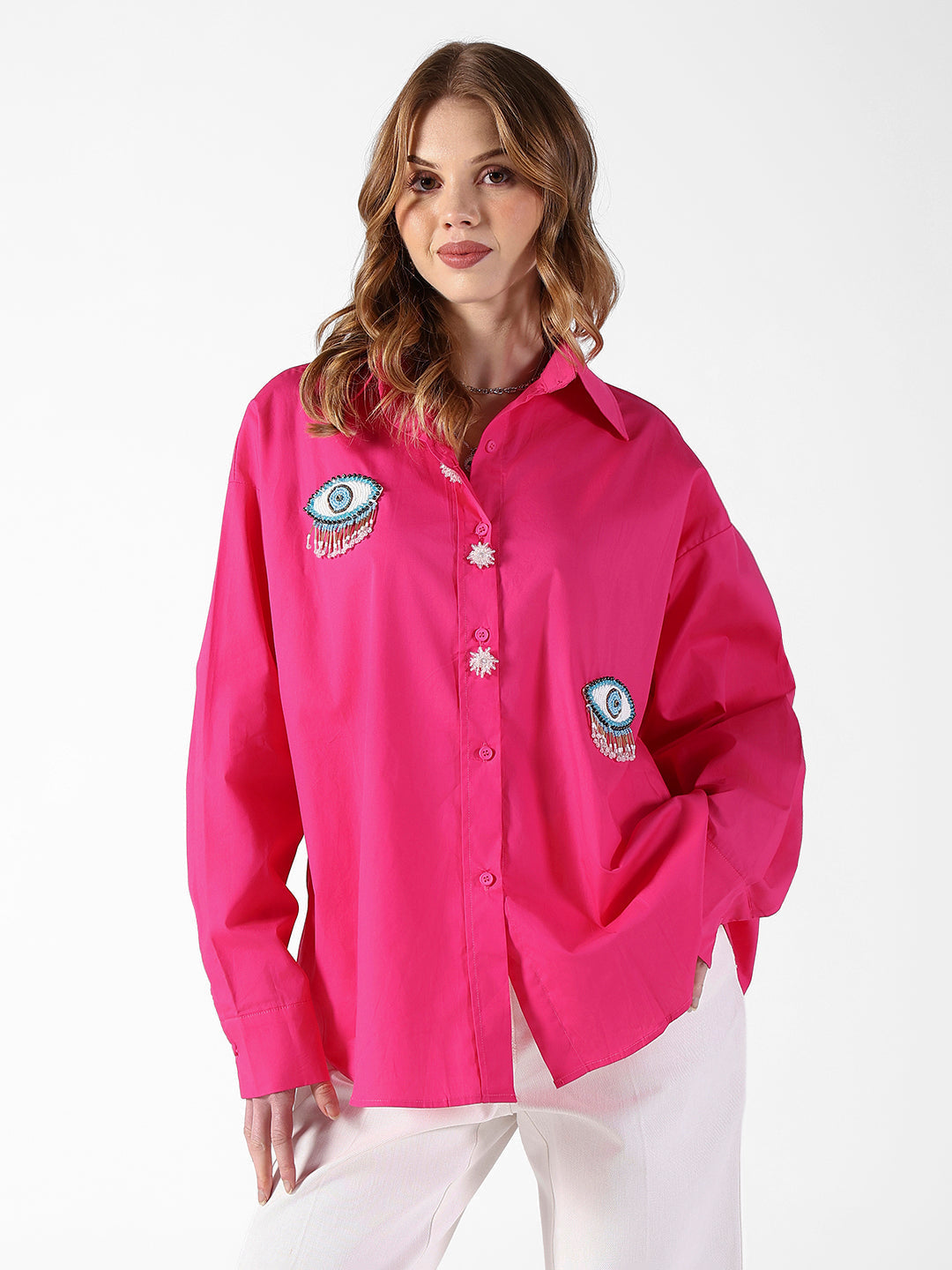 Women's Evil Eye Embellished Pink Shirt