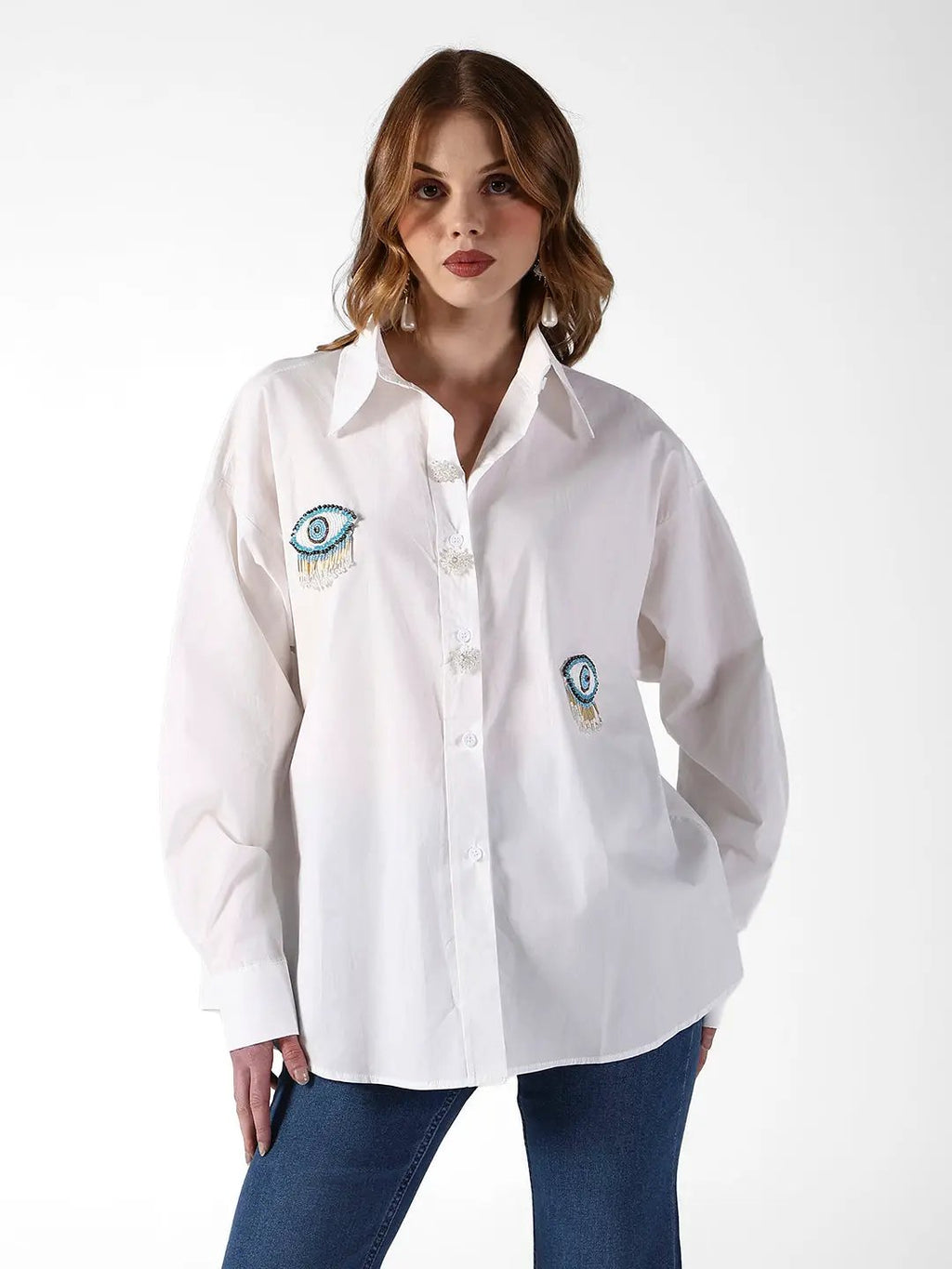 Women's Evil Eye Embellished White Shirt