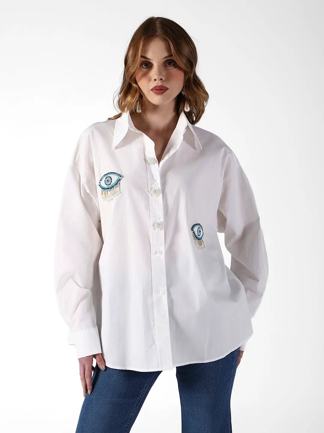 Women's Evil Eye Embellished White Shirt