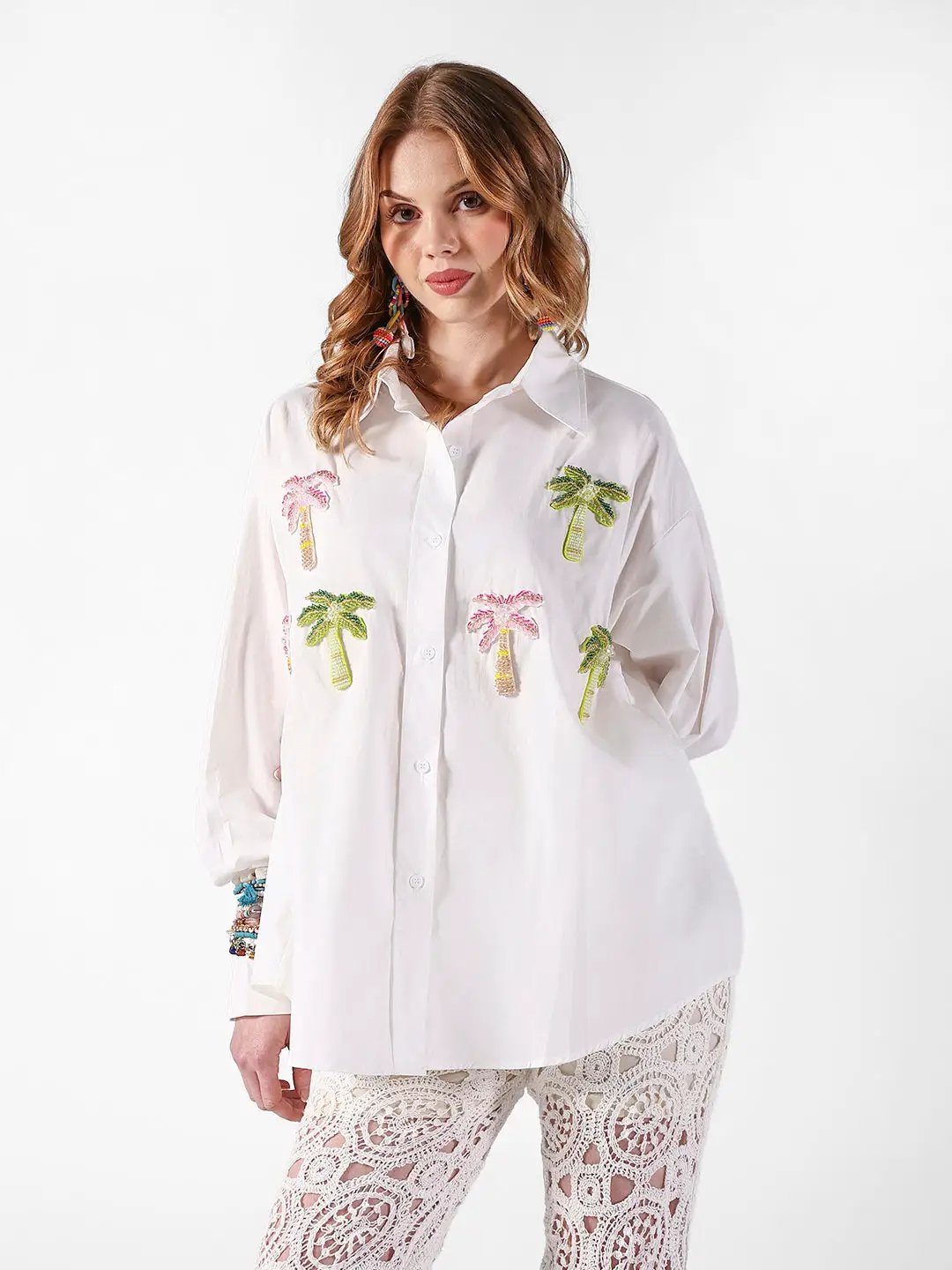 Women's Embellished White Button-Down Shirt