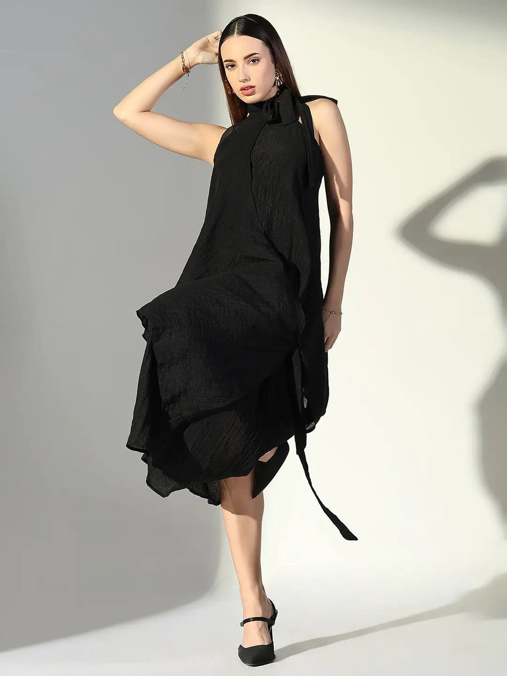 Women's Draped Black Maxi Dress with Neck Tie