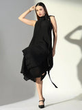 Women's Draped Black Maxi Dress with Neck Tie