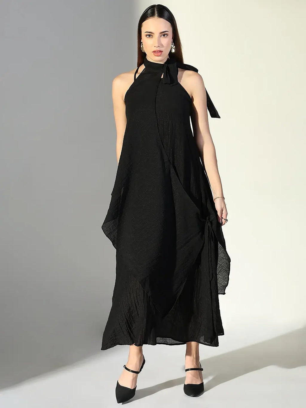 Women's Draped Black Maxi Dress with Neck Tie