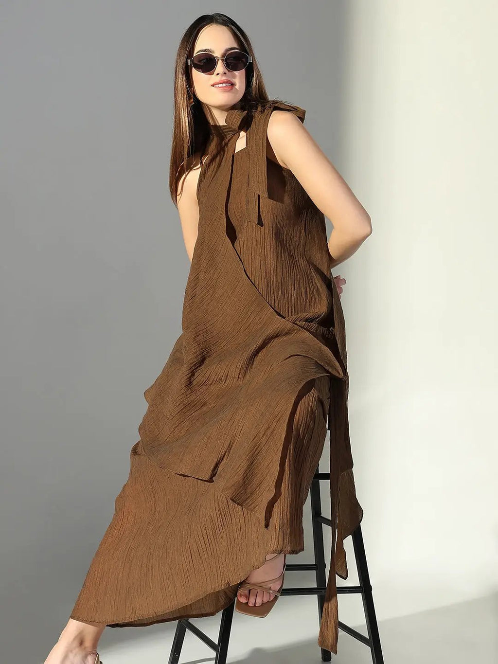 Women's Draped Brown Maxi Dress with Neck Tie