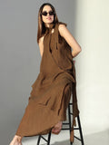 Women's Draped Brown Maxi Dress with Neck Tie