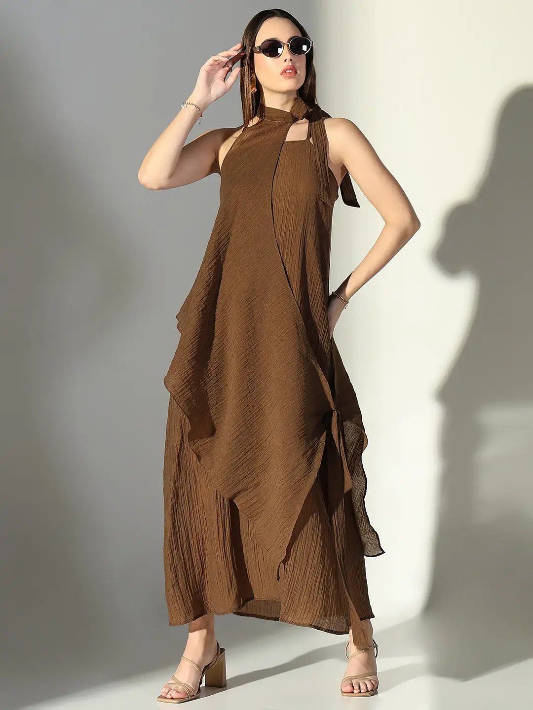 Women's Draped Brown Maxi Dress with Neck Tie